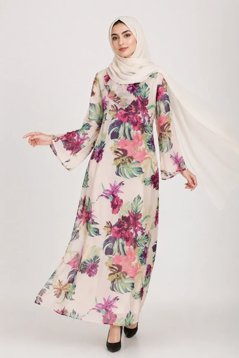 BEIGE FLORAL GEORGETTE BLOCK ABAYA DRESS