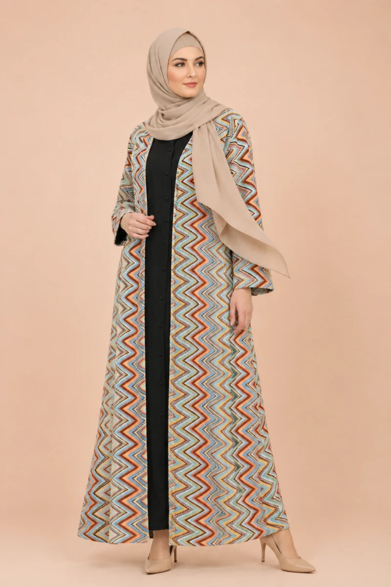 GREEN ZIG ZAG PRINT GEORGETTE SHRUG OPEN ABAYA