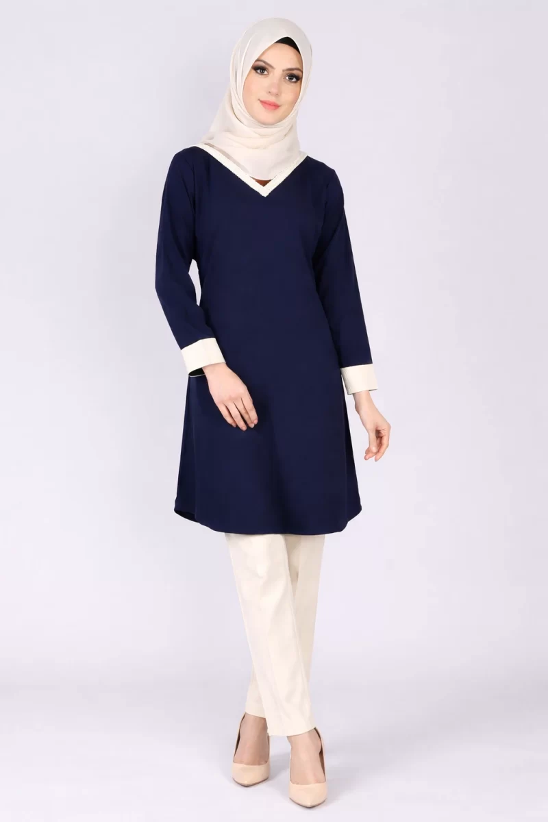BLUE SILKY LACE V NECK TUNIC
