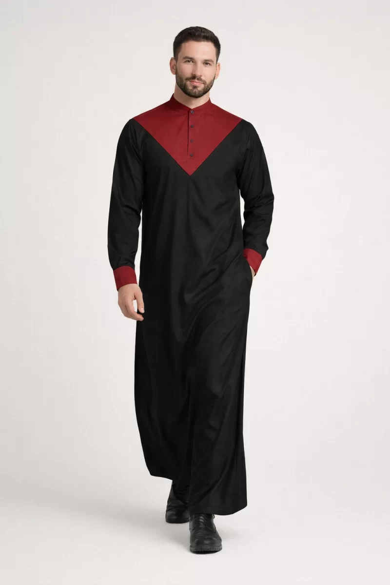 Abdullah Men’s Black Maroon Thobe Dishdasha