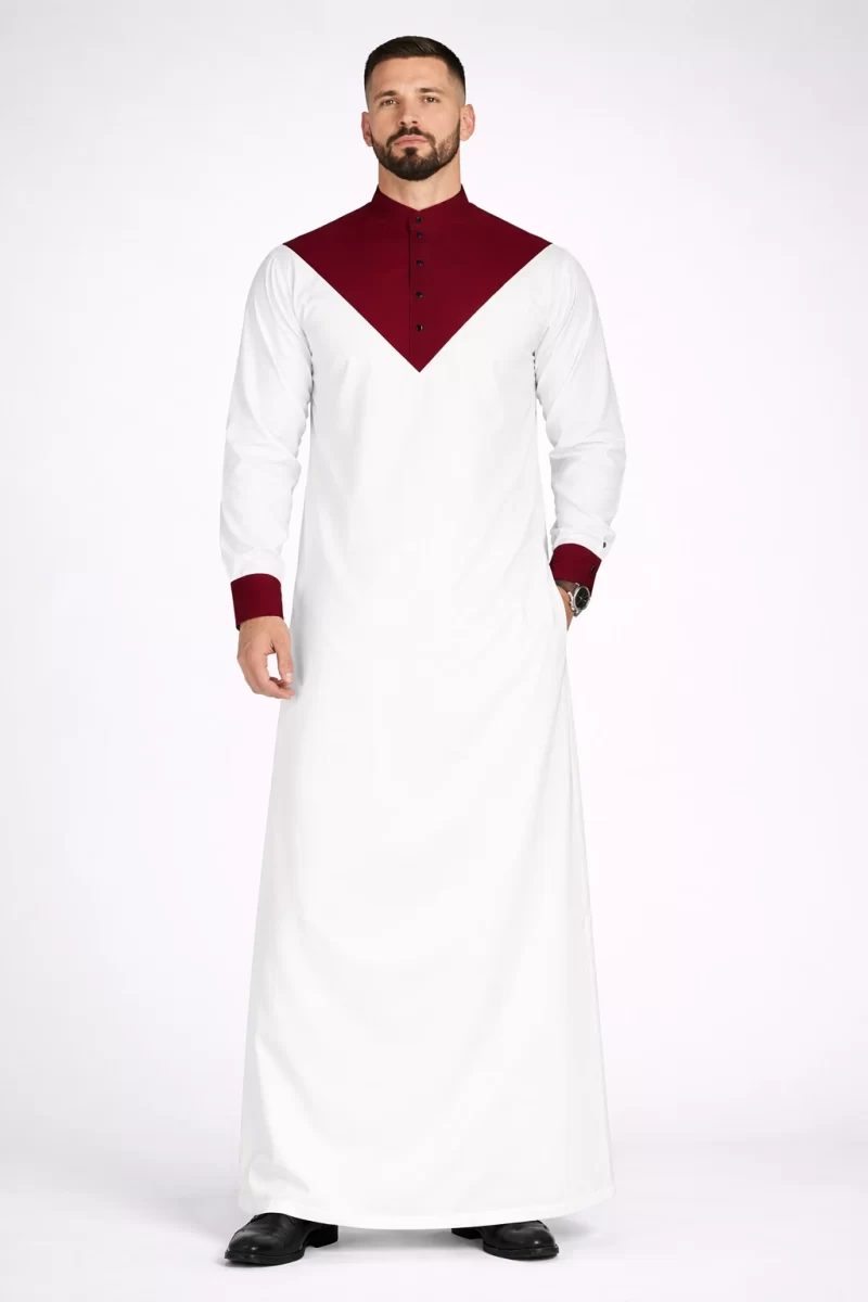 Abdullah Men’s Gallabiya Thobe-White Maroon