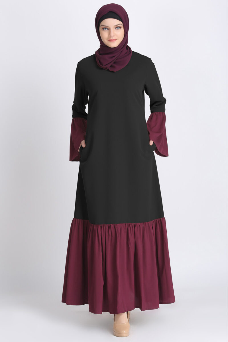 Beautiful Comfort Black Maroon Frill Abaya