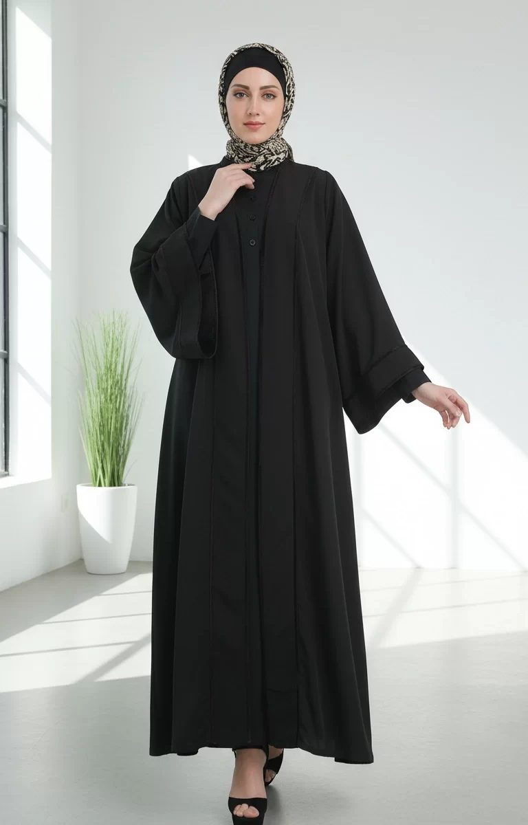 Black Kashibo Laced Bisht Duster Abaya Dress 2