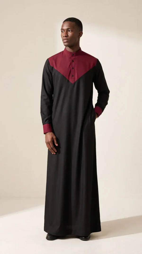 Abdullah Men's Black Maroon Thobe Dishdasha