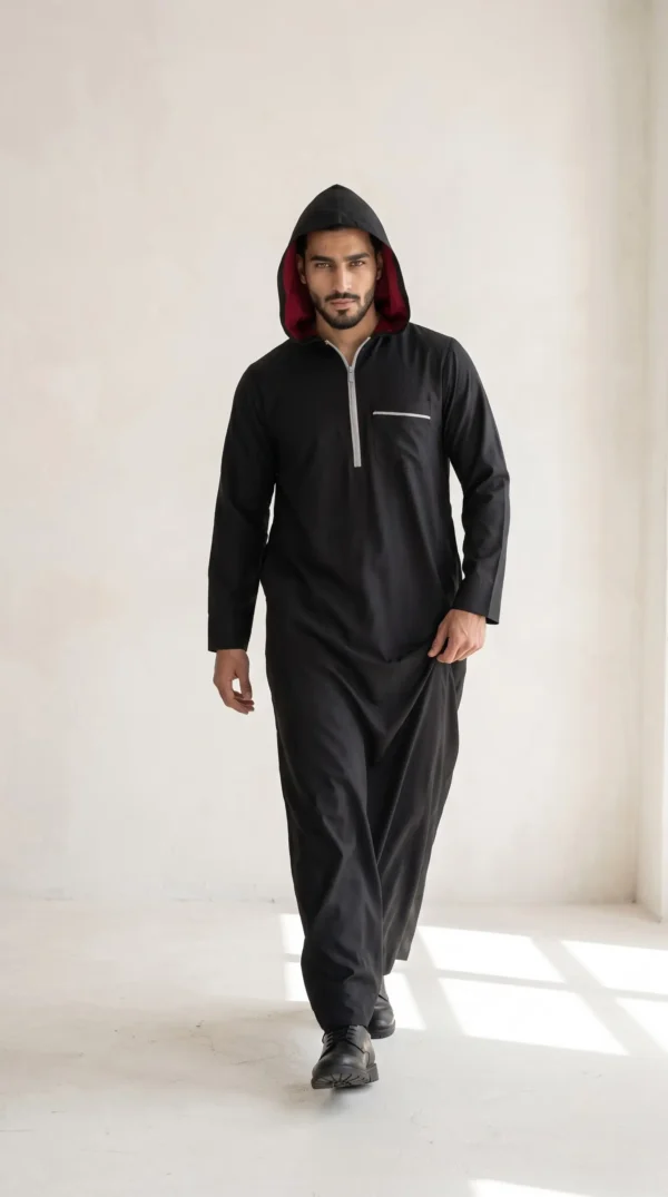 Yahyah Black Cotton Hoody Thobe