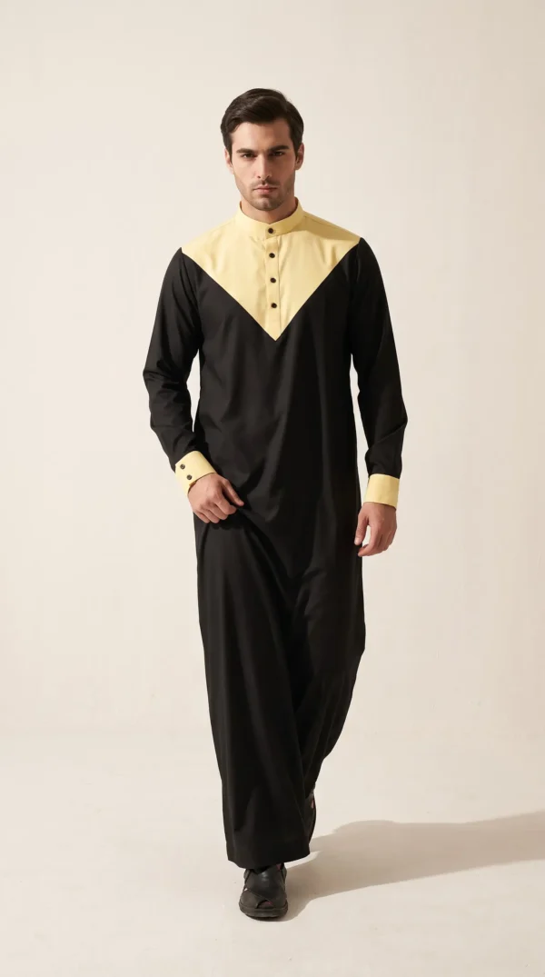 Abdullah Men's Gallabiya Eid Thobe - Black Yellow