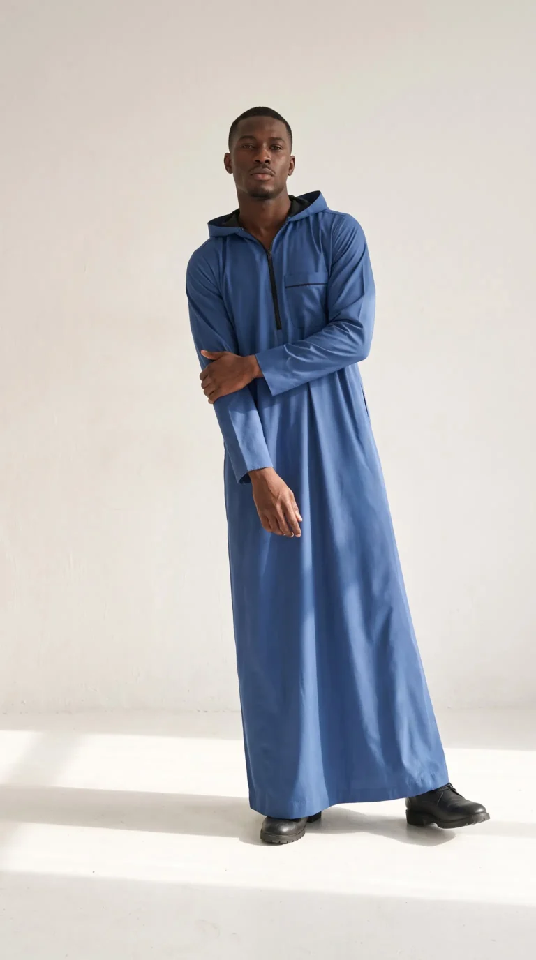 Yahyah Blue Cotton Hoody Thobe