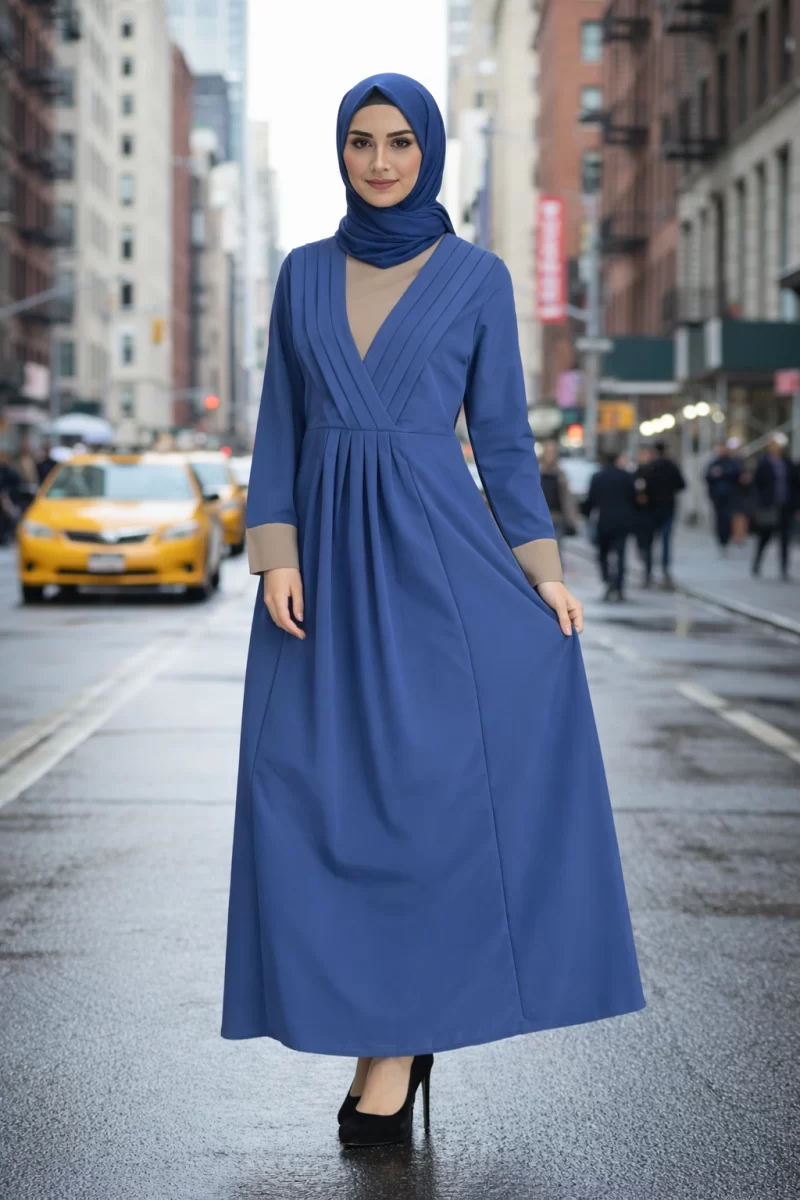 Cross Pleated Sensei Abaya Sand Blue
