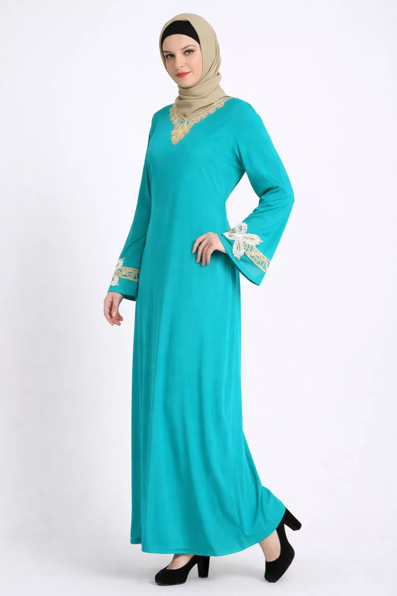 Cyan Sequence Embroidery Net Abaya