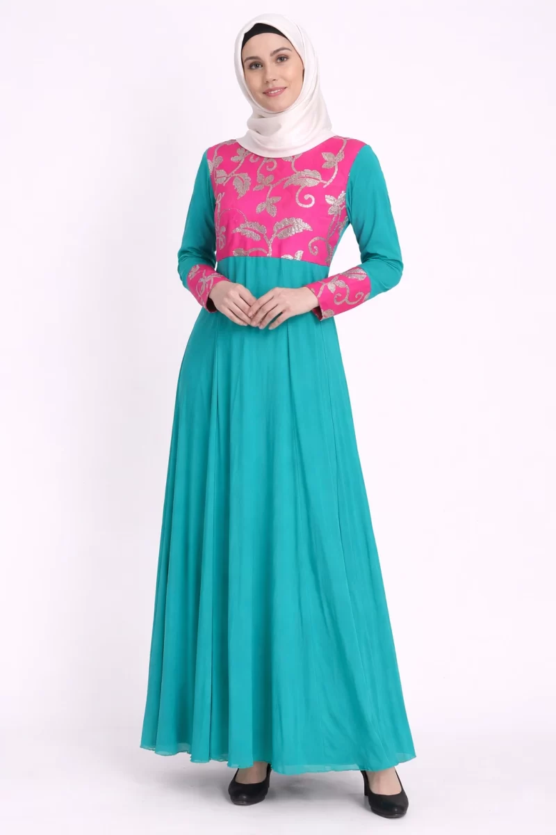 Cyan Velvet Sequence Embroidery Net Abaya Lehenga Sea-Green