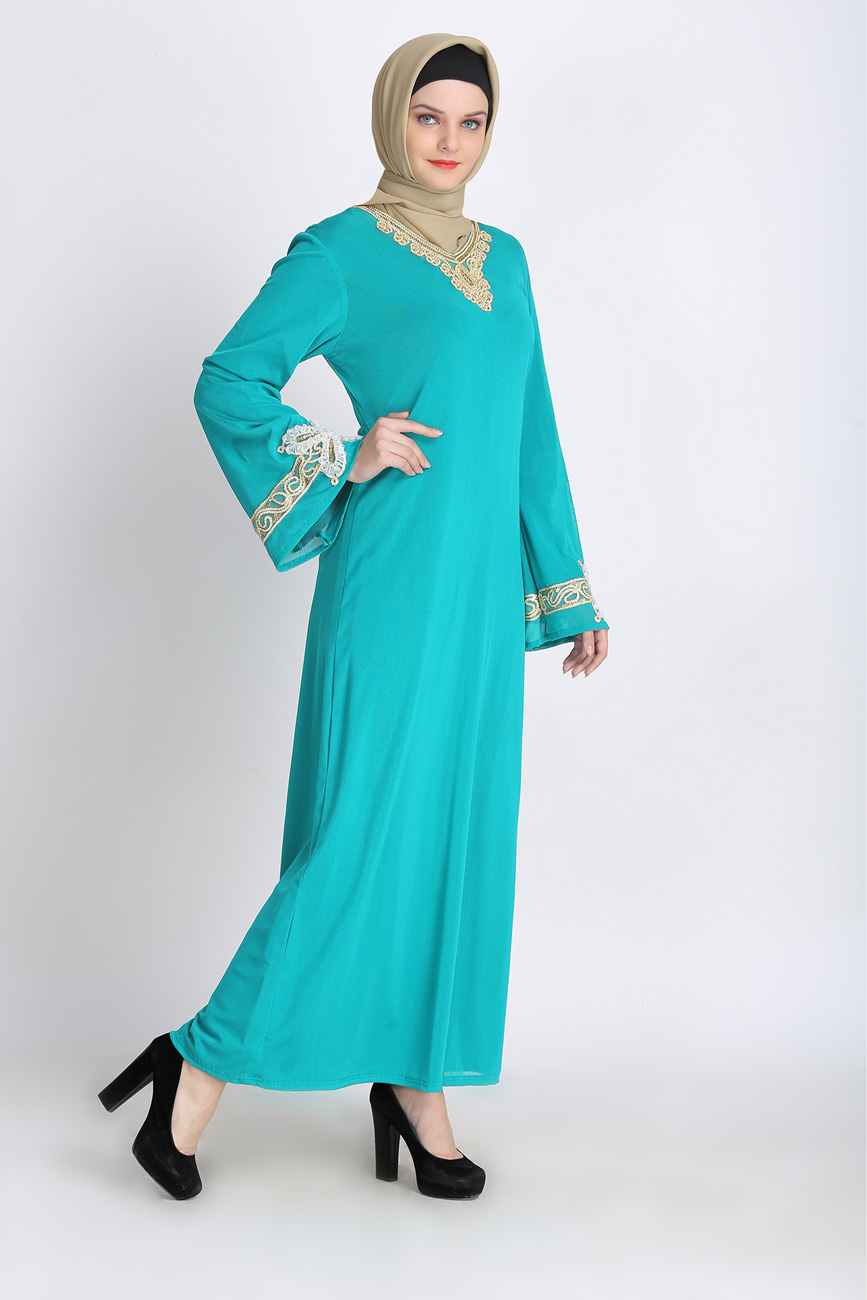 Cyan Sequence Embroidery Net Abaya Pink-Sea-Green - Modest Islamic ...