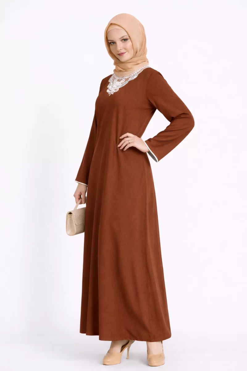 Floral Lace Embroidered Abaya Tan