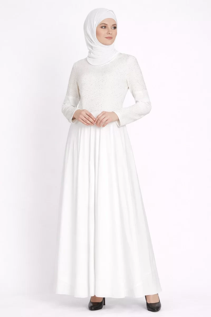 Golden Embossed White Wedding Party Abaya