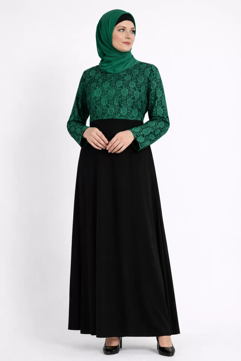 Green Floral Net Ramadan Pleated Abaya