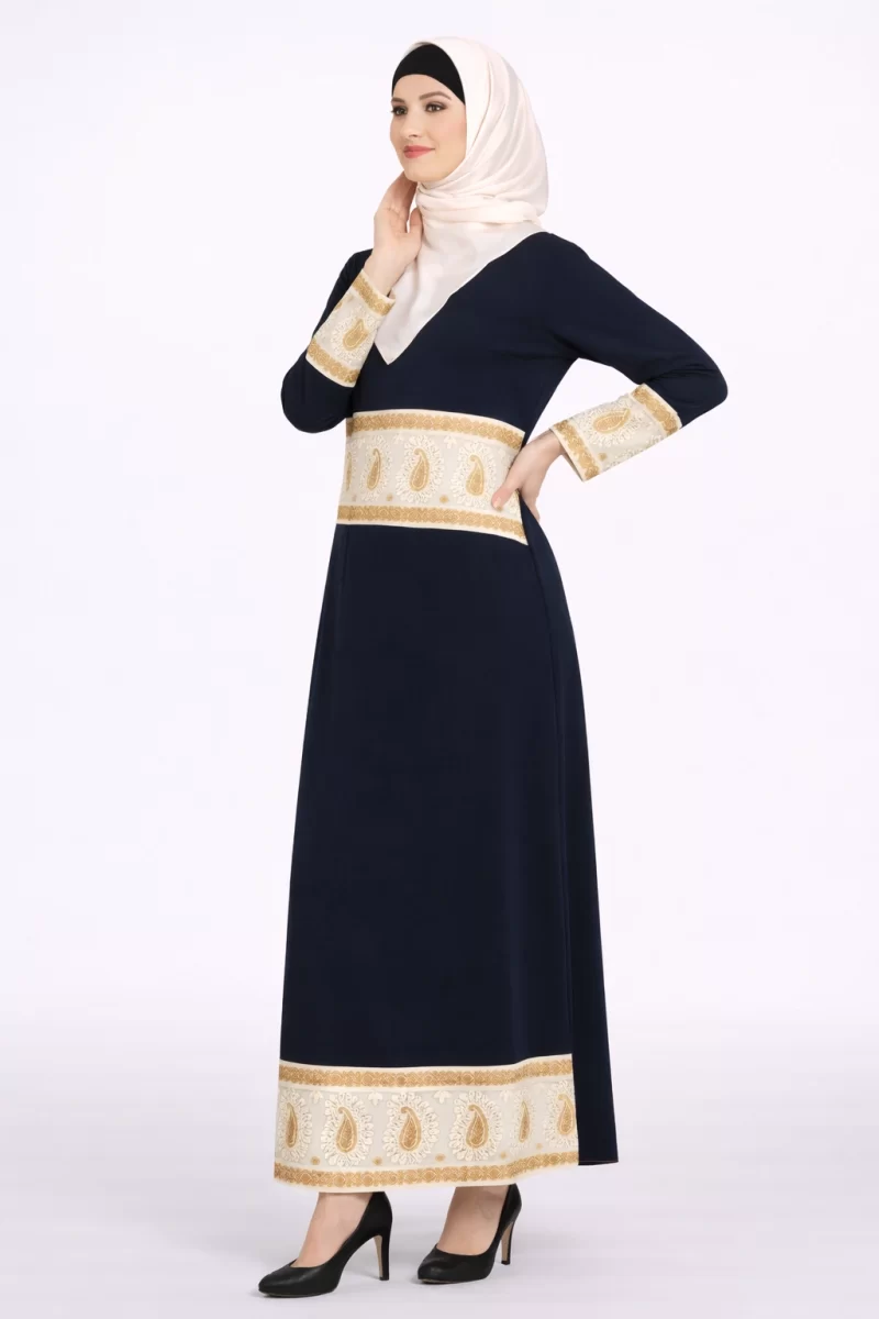“Kashidakari” White Embroidery Eid Abaya Dress Navy