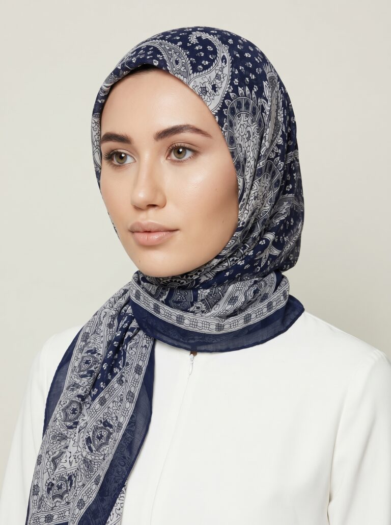 Navy Blue Printed Chiffon Hijab