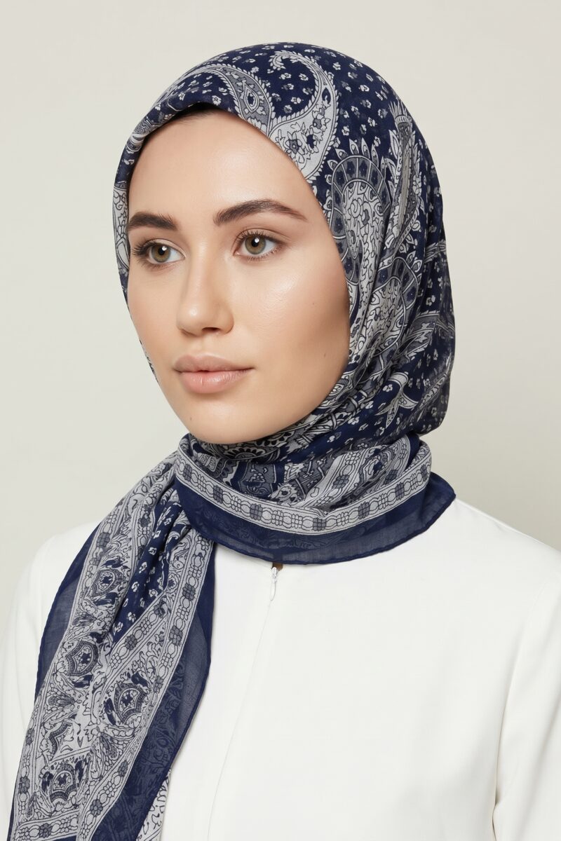 Navy Blue Printed Chiffon Hijab