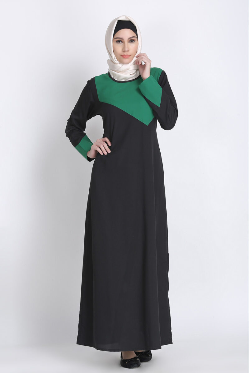 Party Wear Fancy V-Design Black Green Abaya