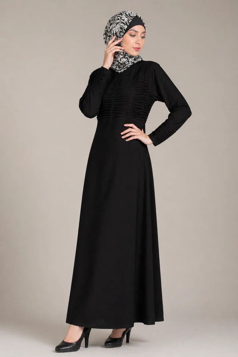 Pintucks Pleated Modest Womenโs Black Abaya