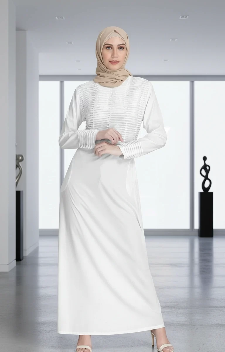 Pintucks Pleated Modest Women’s White Abaya