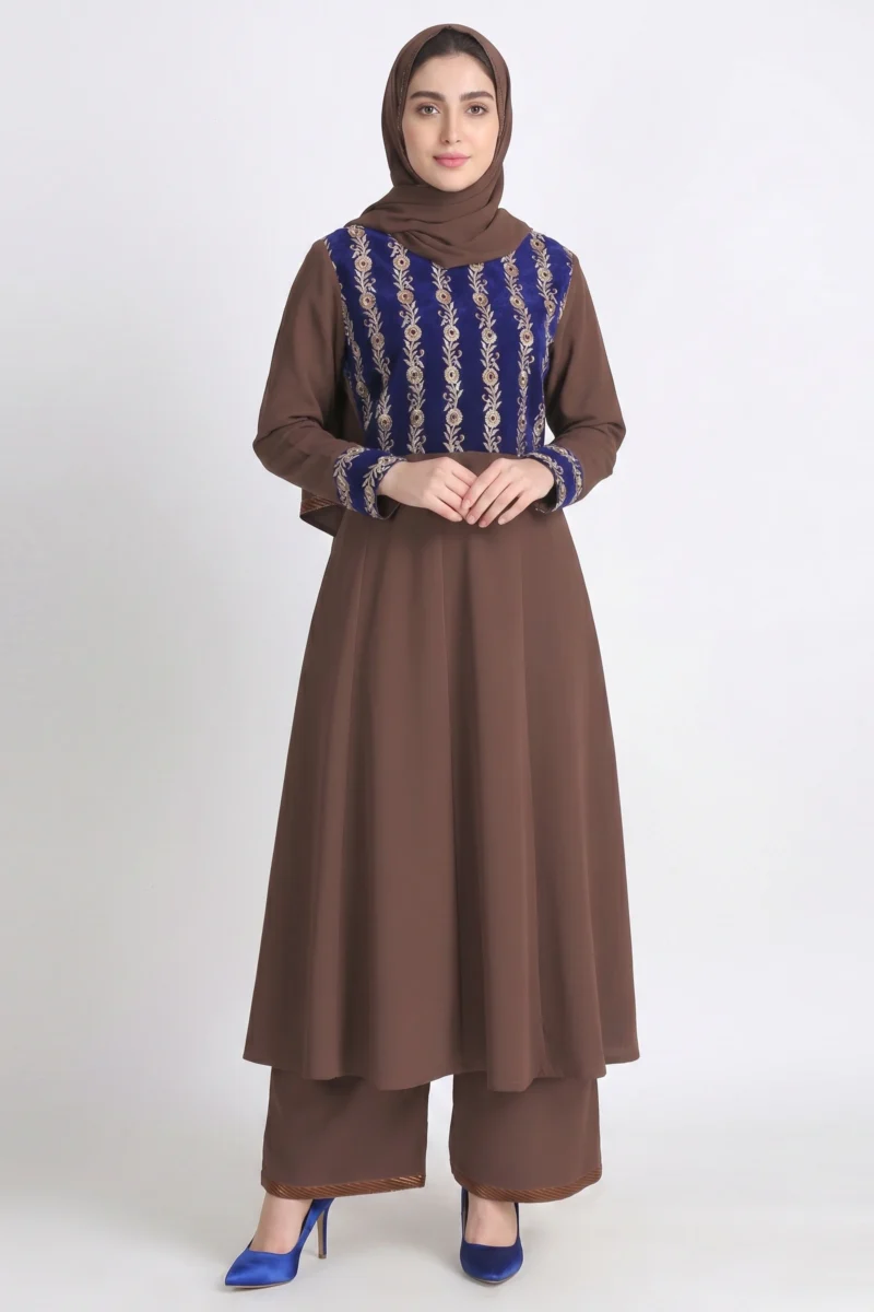 Shahida Velvet Zari Embroidered Shalwar Kameez Lehenga Brown