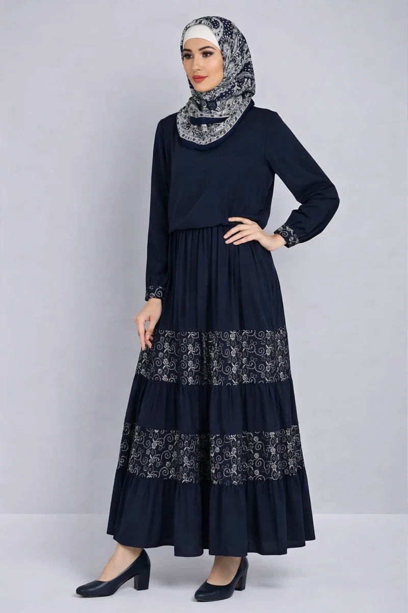 Silver Embroidered Eid Navy Color Abaya Dress