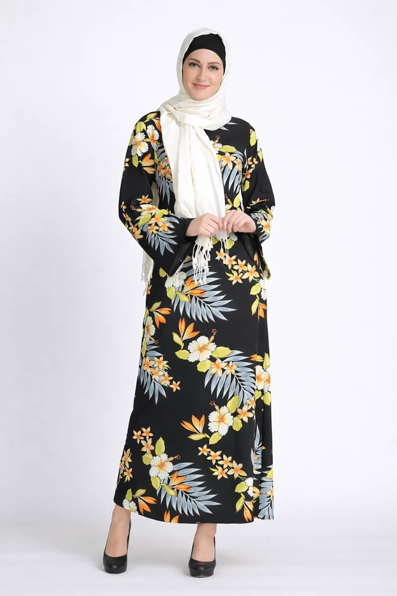 Spring Floral Print Abaya Long Dress Yellow