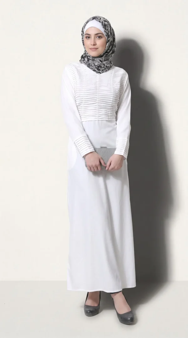 Pintucks Pleated Modest Women's White Abaya
