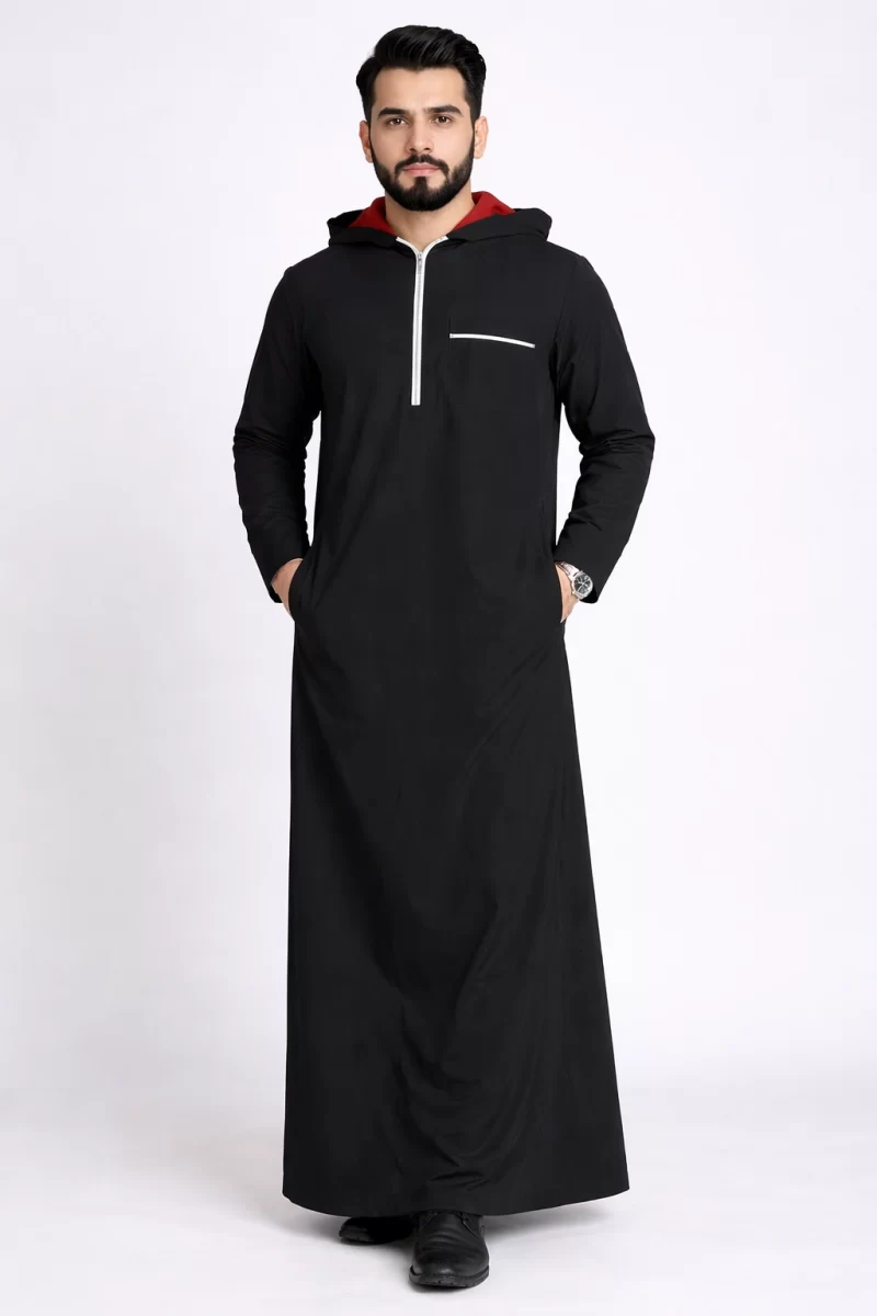 Yahyah Black Cotton Hoody Thobe