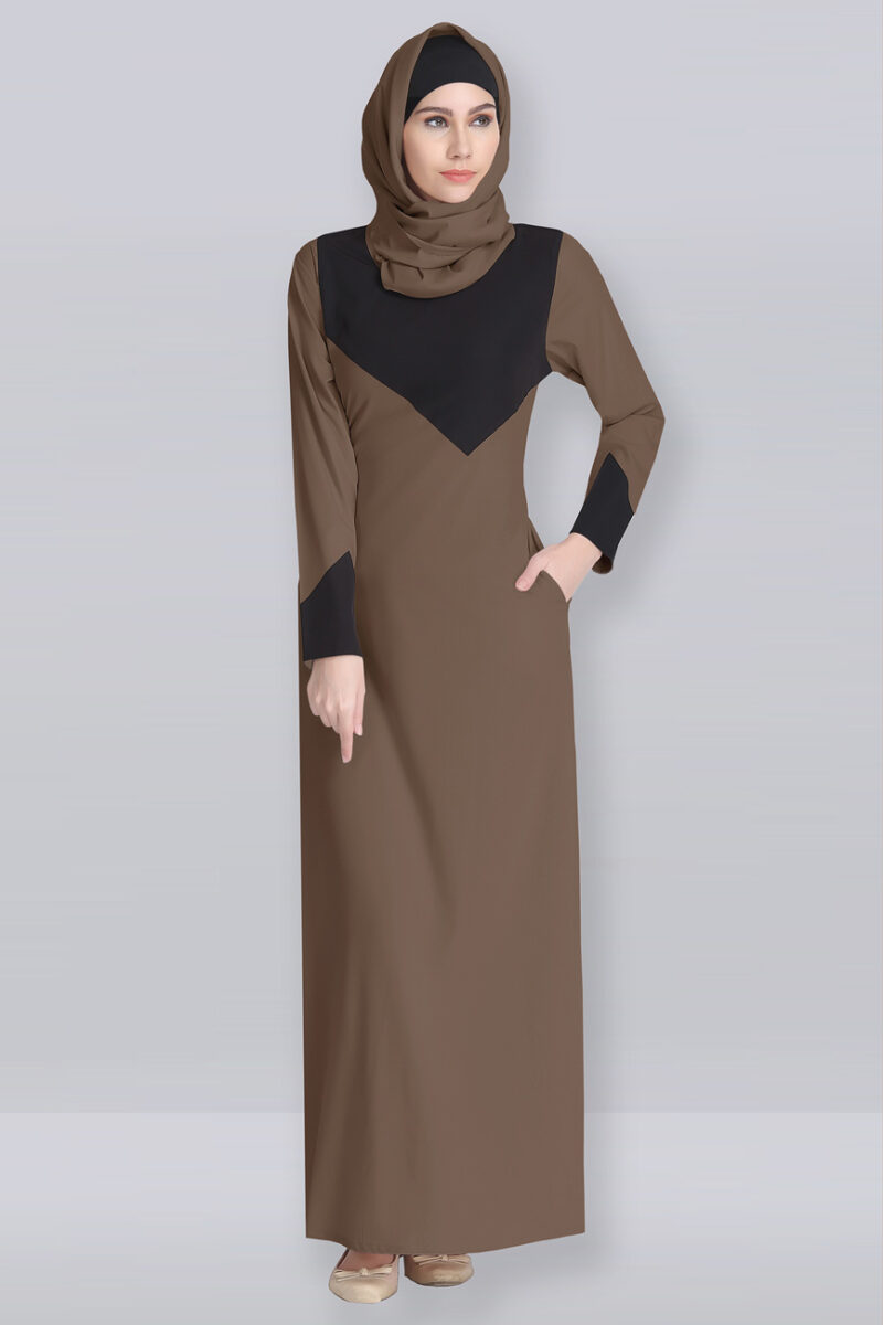 beautiful modest V-design sand grey black abaya