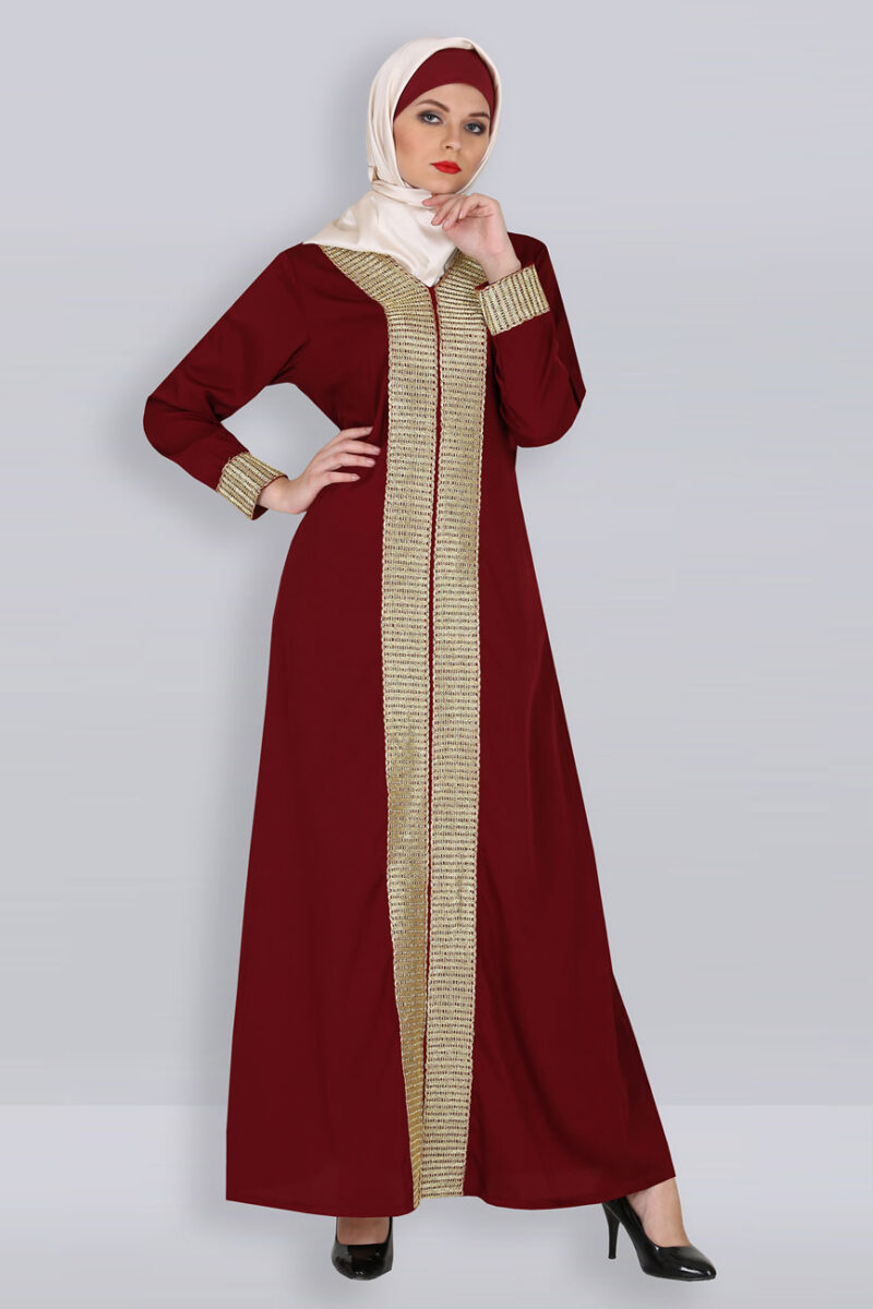 designer stylish golden lace maroon abaya