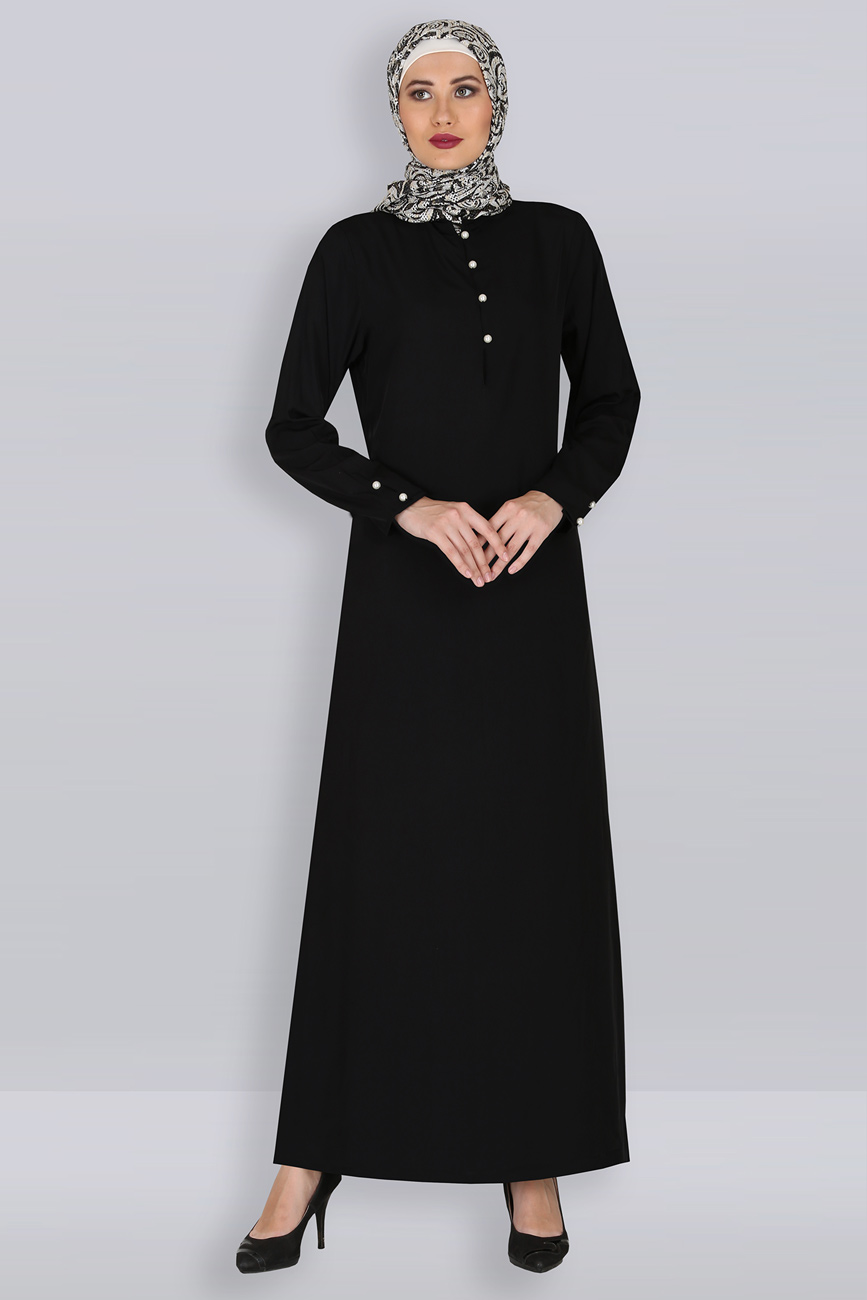 Pearl Drop Black Mandarin Abaya - Modest Islamic clothing Shopping Website