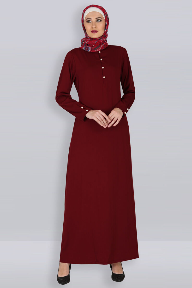 designer pearl button maroon abaya