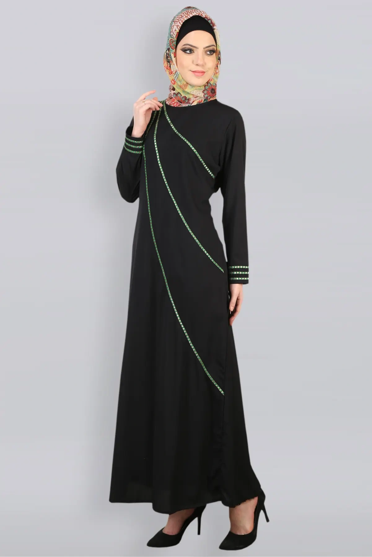 Designer Green Lace Abaya Dress - Image 2