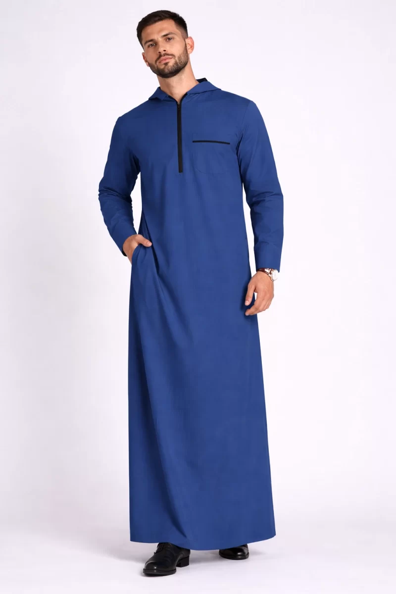 yahyah Blue Cotton Hoody Thobe