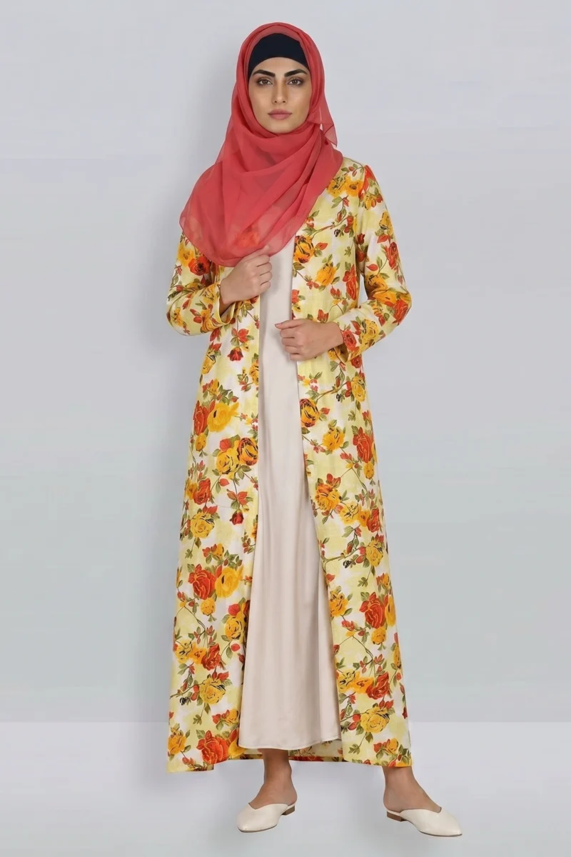 yellow Floral SILK Long Bisht Duster
