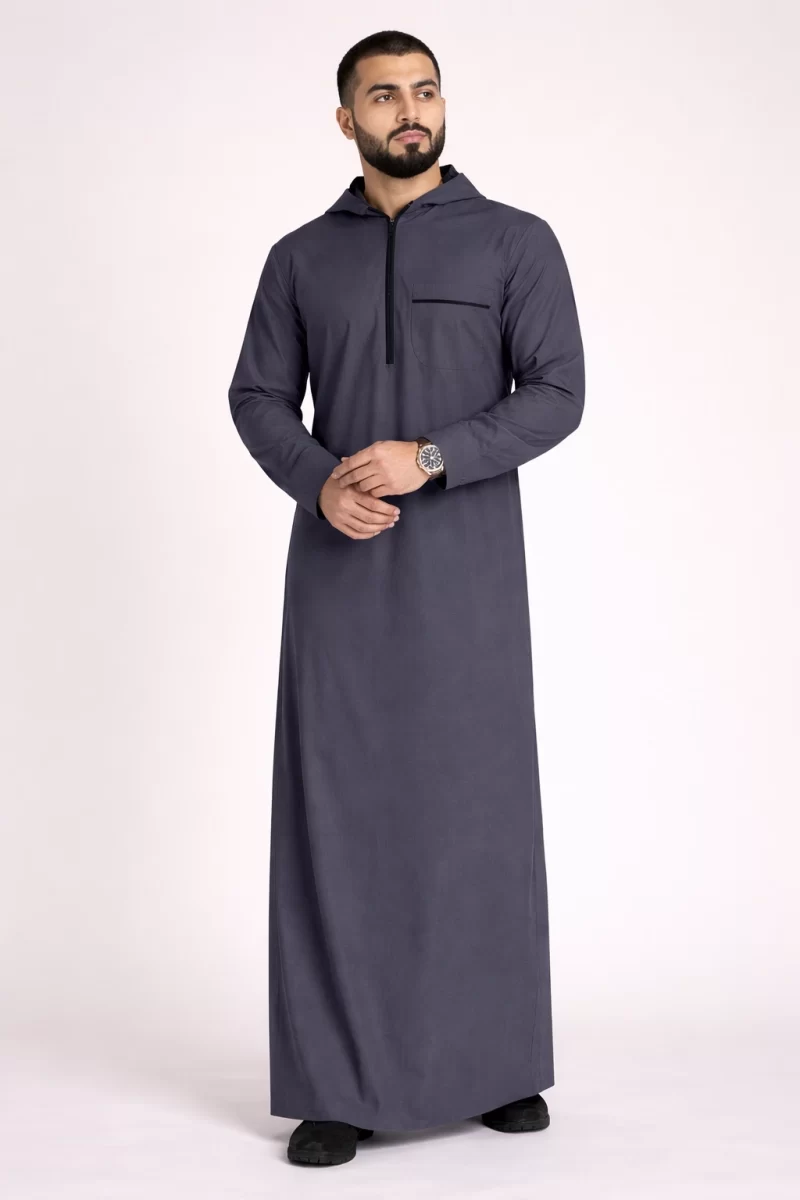 Yahyah Grey Cotton Hoody Thobe