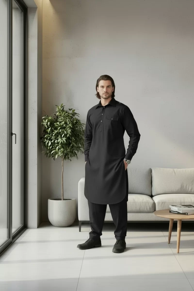 Men’s Black Kurta Eid Ramadan Pathan Set