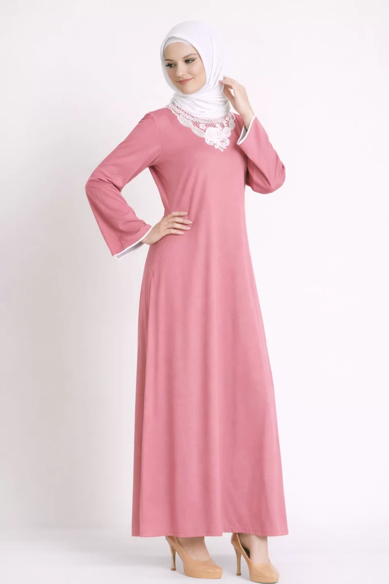 Floral Lace Embroidered Abaya Pink