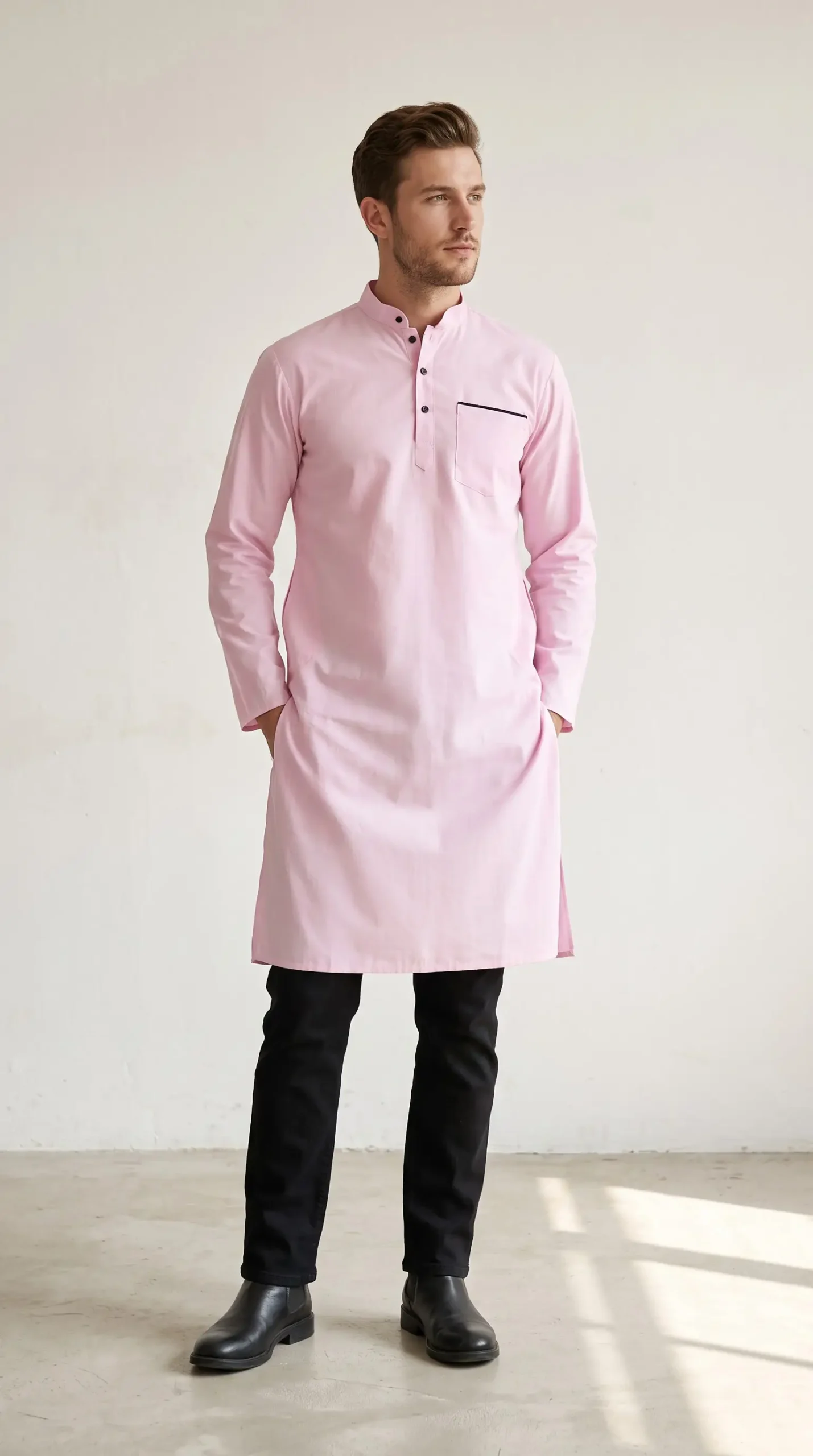Ibrahim Swiss Cotton Kurta : Light Pink