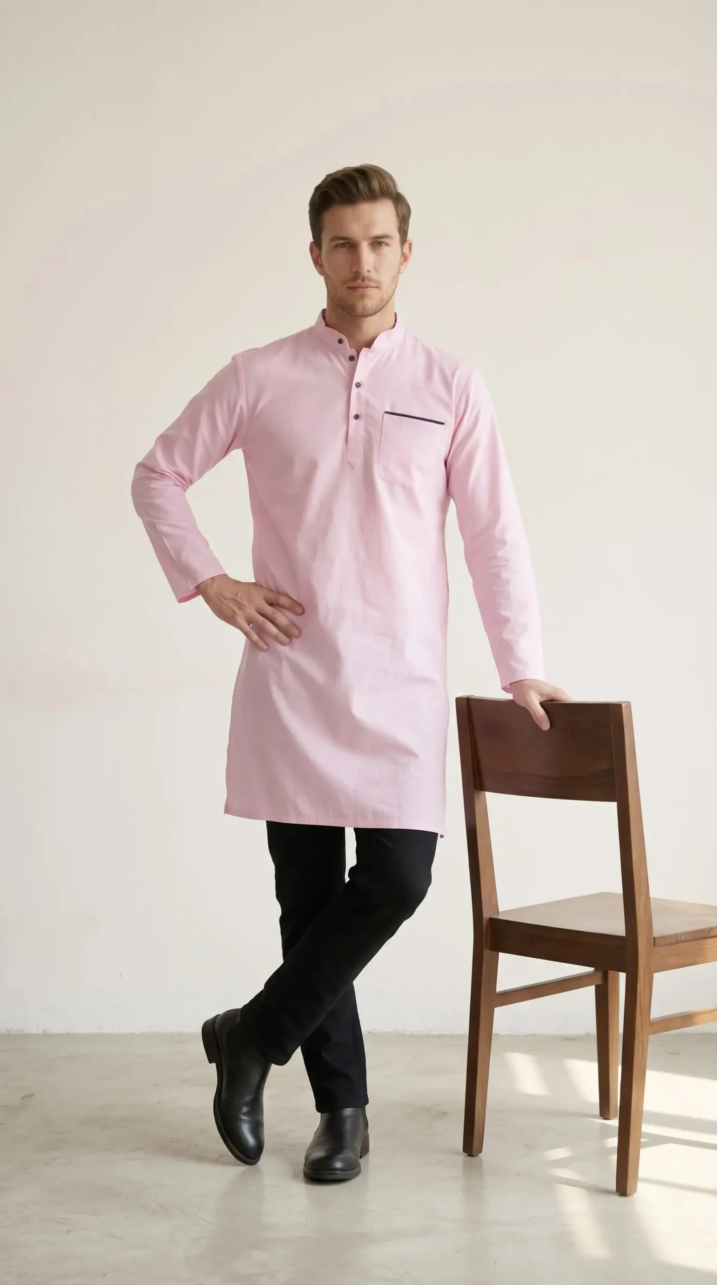 Ibrahim Swiss Cotton Kurta : Light Pink - Image 3