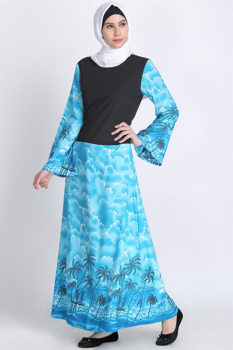 Traditional Islamic Blue Beach Print Abaya