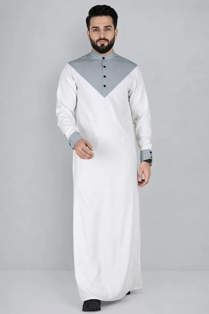 Abdullah Men’s Gallabiya Thobe-White and Metal Grey