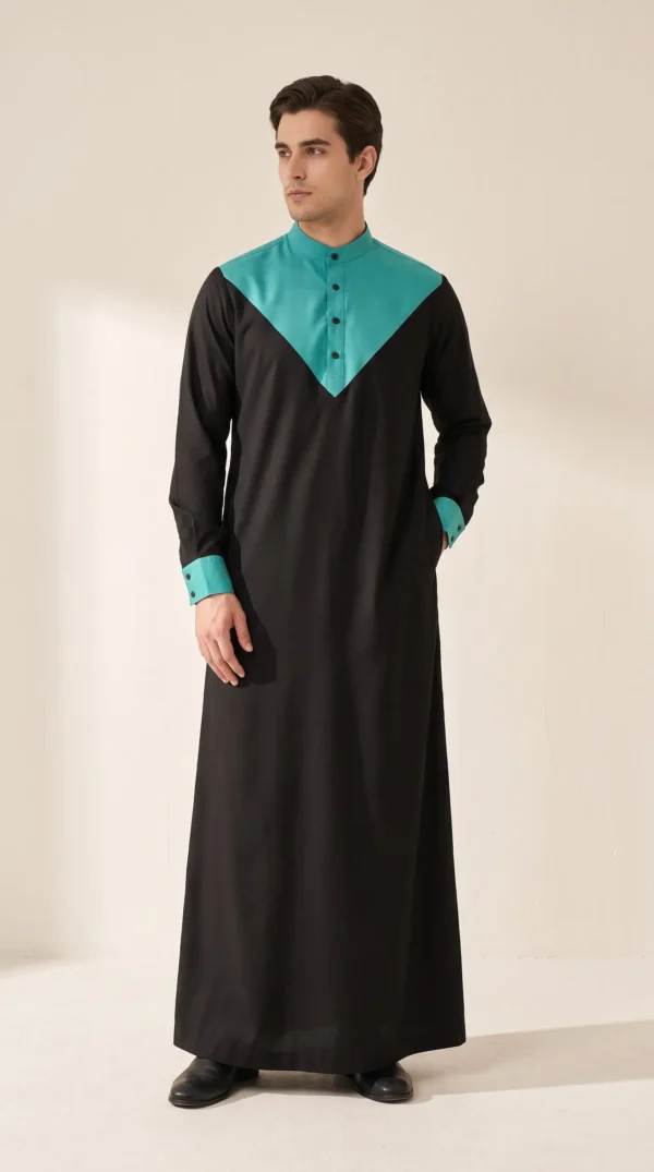 Abdullah Men's Black Cyan Thobe Dishdasha