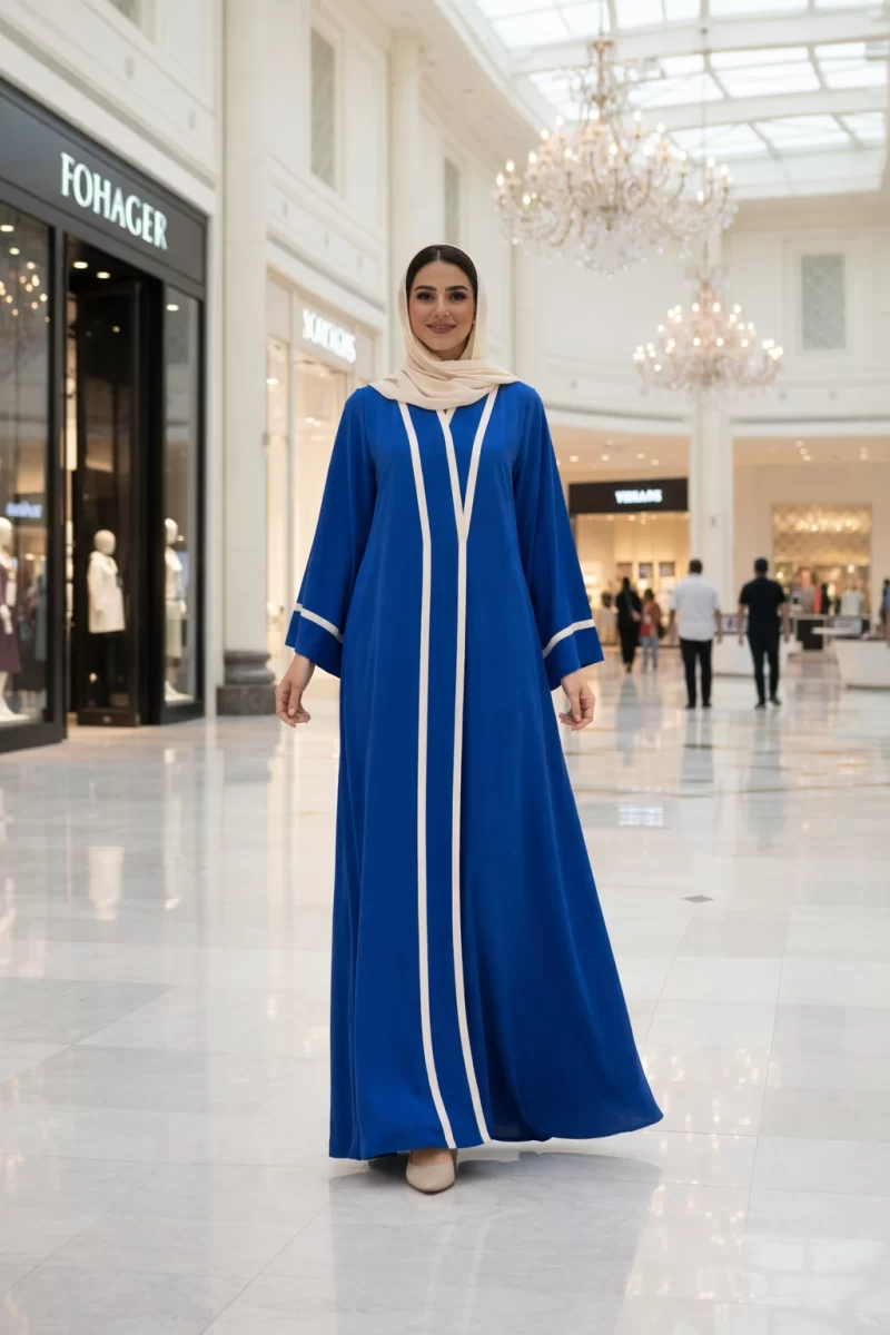 Embroidered Lace Semi-Open Kashibo Duster Abaya Blue-White