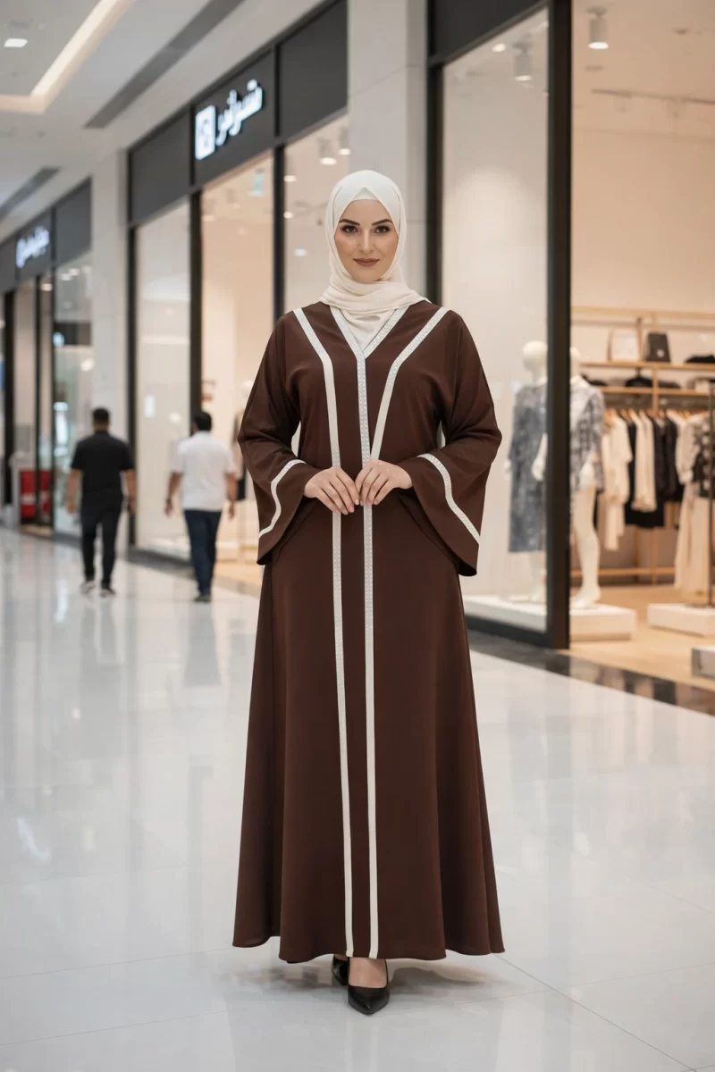 Embroidered Lace Semi-Open Kashibo Duster Abaya Brown-White