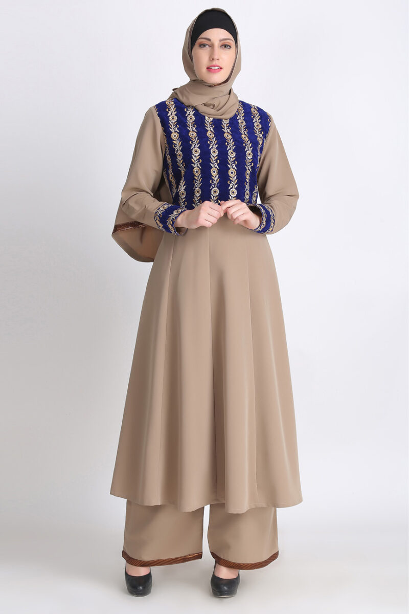 Shahida Velvet Zari Embroidered Shalwar Kameez/Lehenga in SAND color