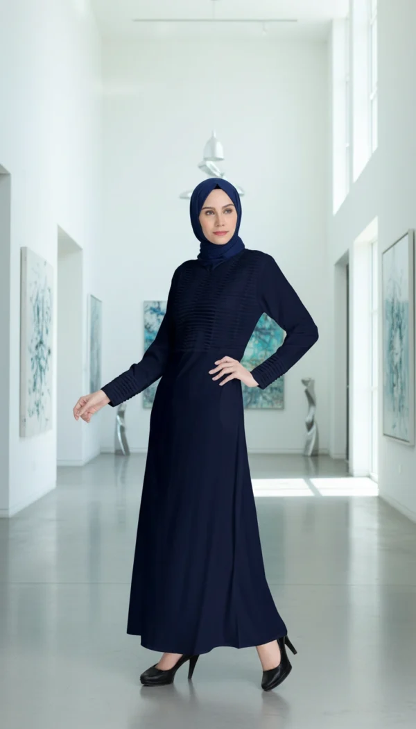 Pintucks Pleated Modest Women's Navy Blue Abaya