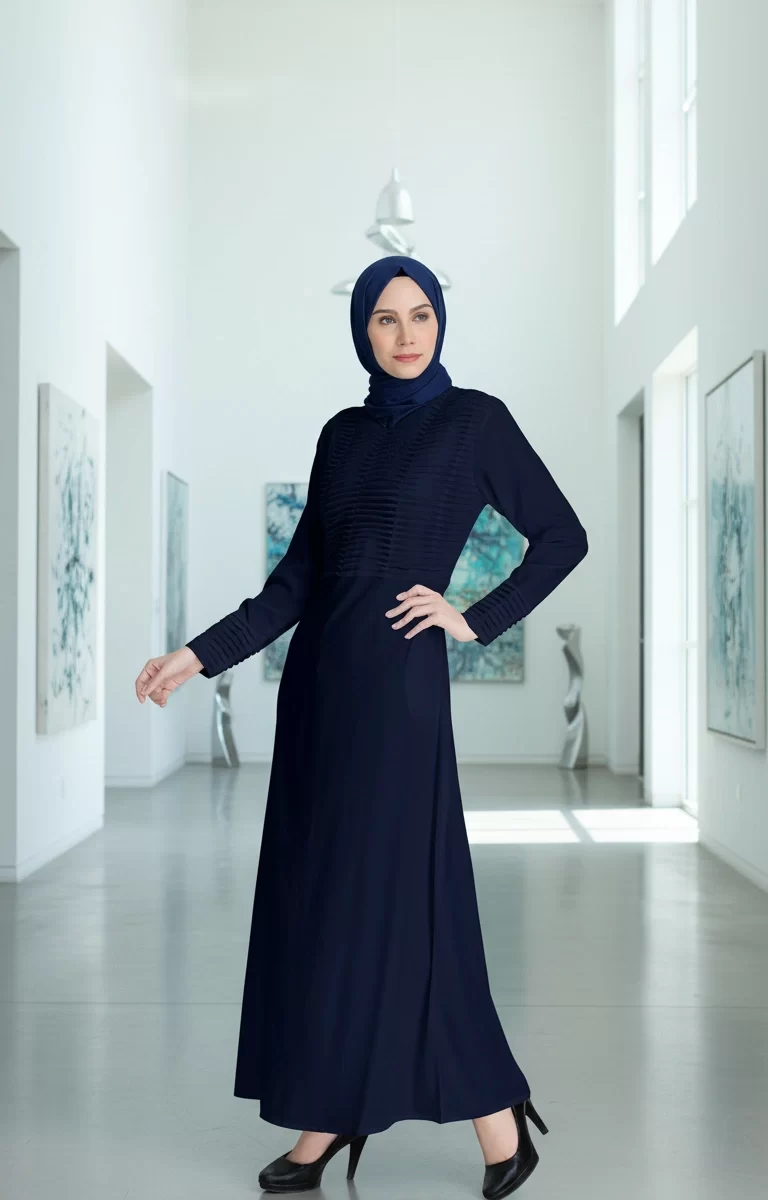 Pintucks Pleated Modest Womenโs Navy Blue Abaya
