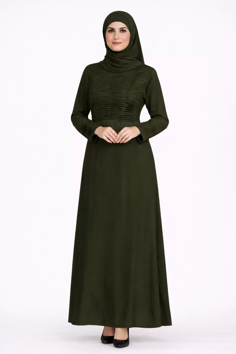 Pintucks Pleated Modest Women’s Olive Abaya